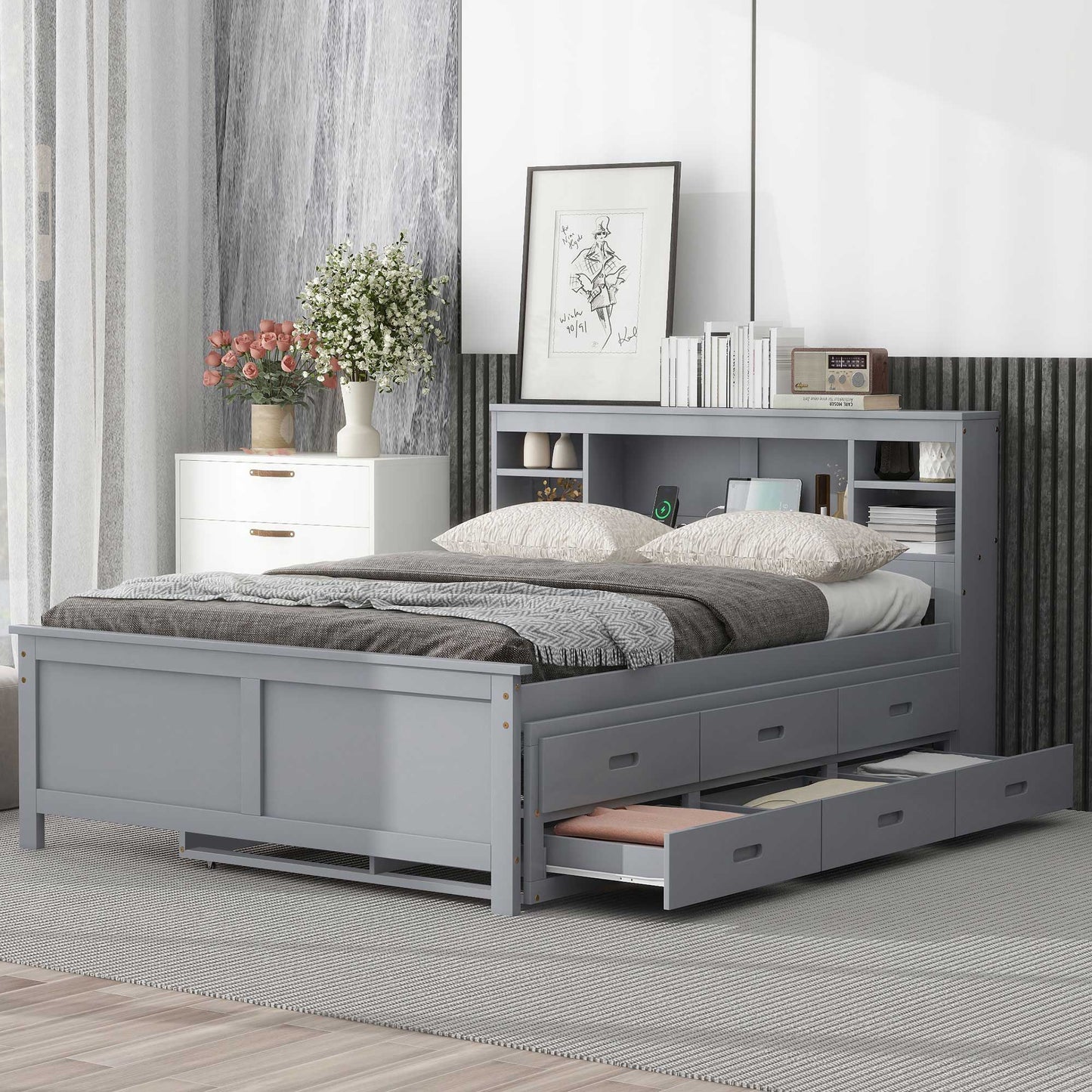 Platform Bed With Storage Headboard, USB, Trundle And 3 Drawers - The Sleep Loft - Online Mattress Showroom NYC
