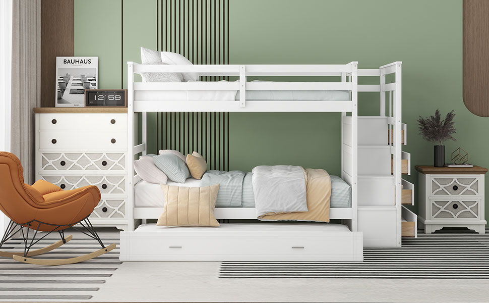 Twin Over Twin Bunk Bed With Trundle And Staircase - White - The Sleep Loft - Online Mattress Showroom NYC