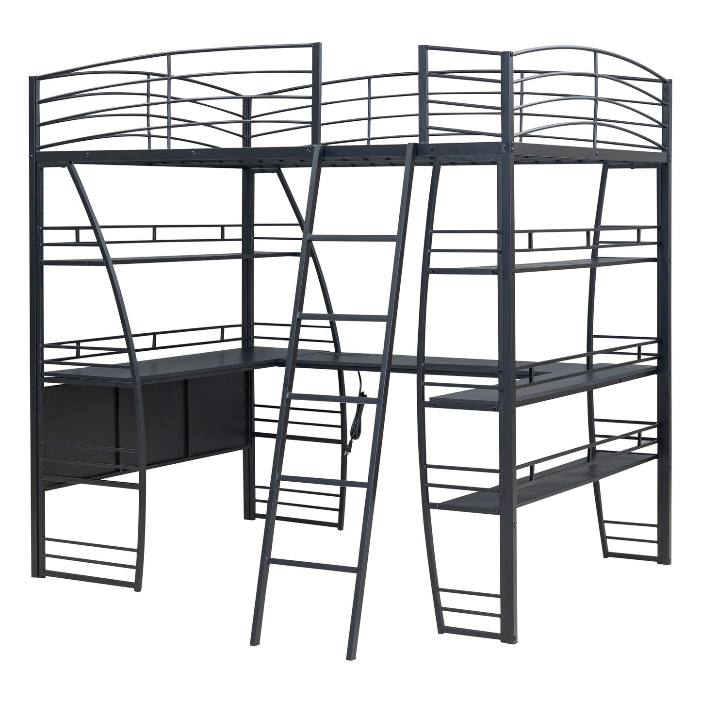 Loft Bed With 4 Layers Of Shelves And L-Shaped Desk, Stylish Metal Frame Bed With A Set Of Sockets, USB Ports And And Wireless Charging - The Sleep Loft - Online Mattress Showroom NYC