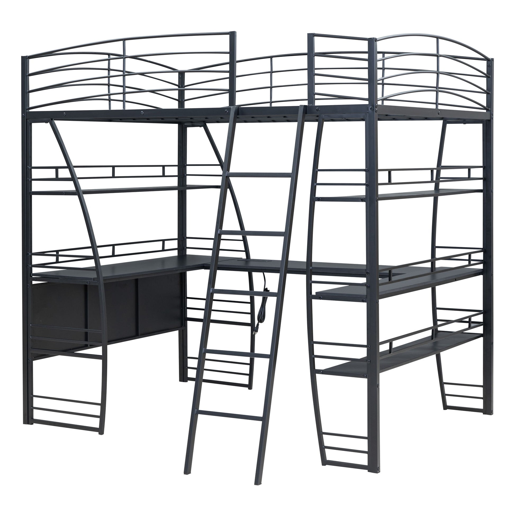 Loft Bed With 4 Layers Of Shelves And L-Shaped Desk, Stylish Metal Frame Bed With A Set Of Sockets, USB Ports And And Wireless Charging - The Sleep Loft - Online Mattress Showroom NYC