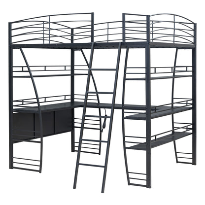 Loft Bed With 4 Layers Of Shelves And L-Shaped Desk, Stylish Metal Frame Bed With A Set Of Sockets, USB Ports And And Wireless Charging - The Sleep Loft - Online Mattress Showroom NYC