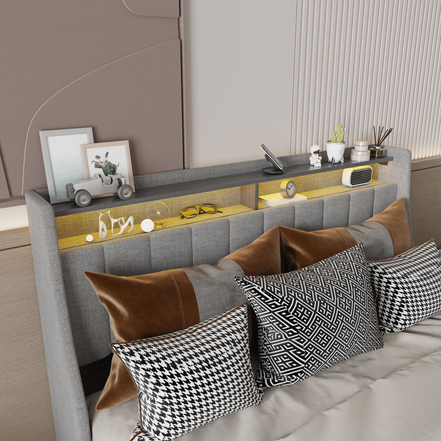 Queen Size Bed Frame With LED Lighting, Winged Headboard With Storage Drawers - Light Gray - The Sleep Loft - Online Mattress Showroom NYC