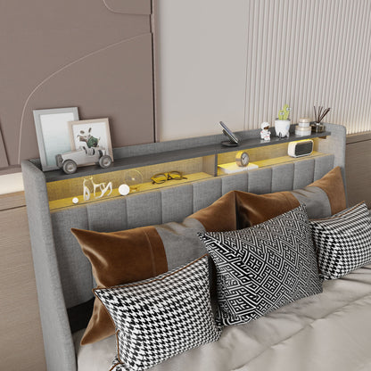Queen Size Bed Frame With LED Lighting, Winged Headboard With Storage Drawers - Light Gray - The Sleep Loft - Online Mattress Showroom NYC