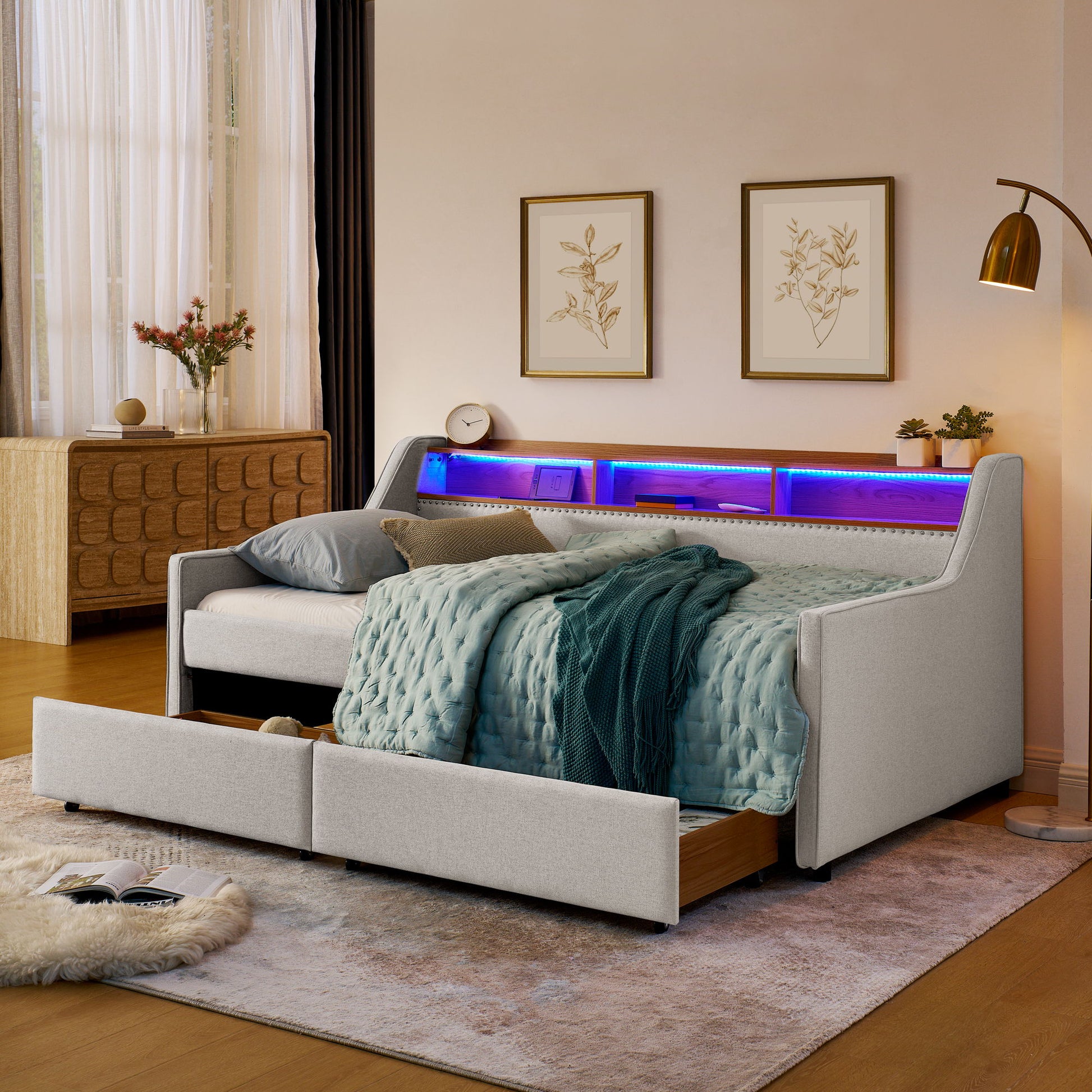 Twin Upholstered Sofa Bed With LED Lights, Storage Drawers, Adjustable Headboard & Wireless Charging - Beige - The Sleep Loft - Online Mattress Showroom NYC