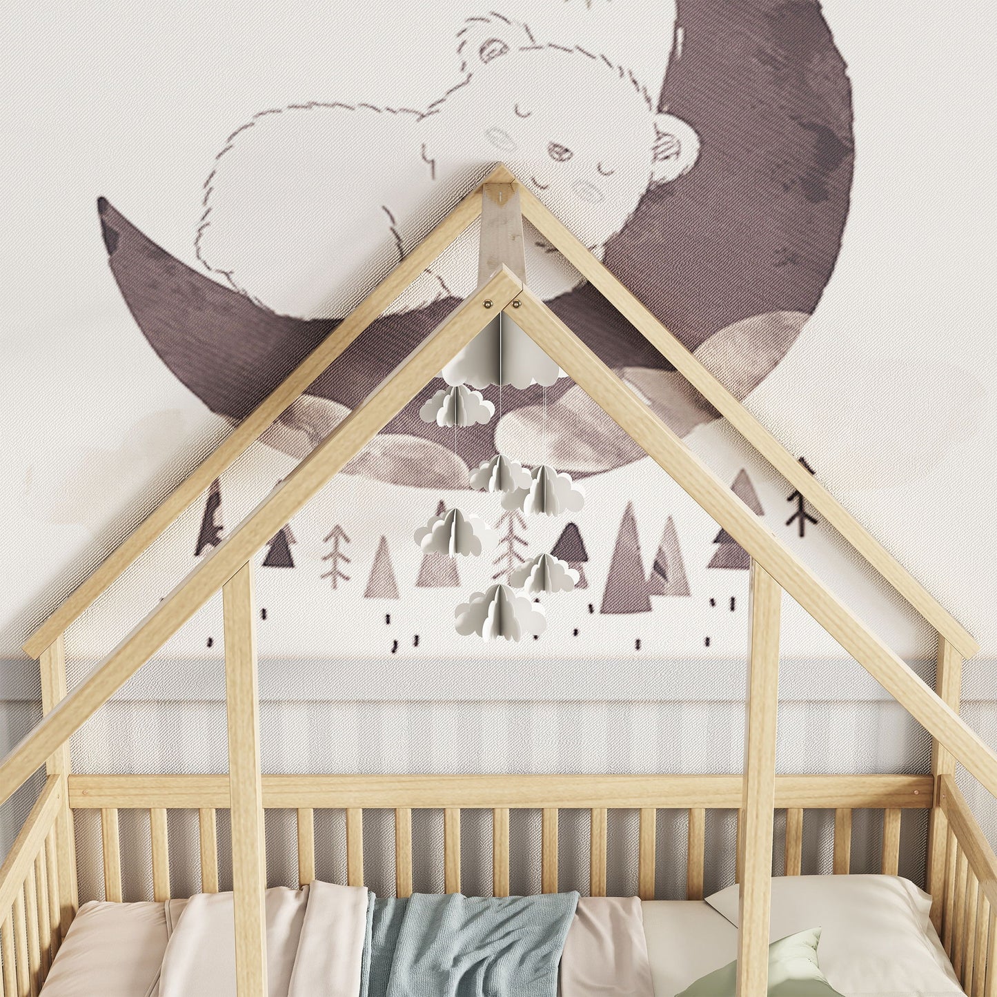 Wood House-Shaped Floor Bed With Fence, Guardrails - The Sleep Loft - Online Mattress Showroom NYC
