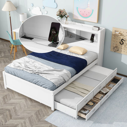 Full Size Platform Bed With Trundle, Drawers, USB Ports And Built In Shelves - White - The Sleep Loft - Online Mattress Showroom NYC