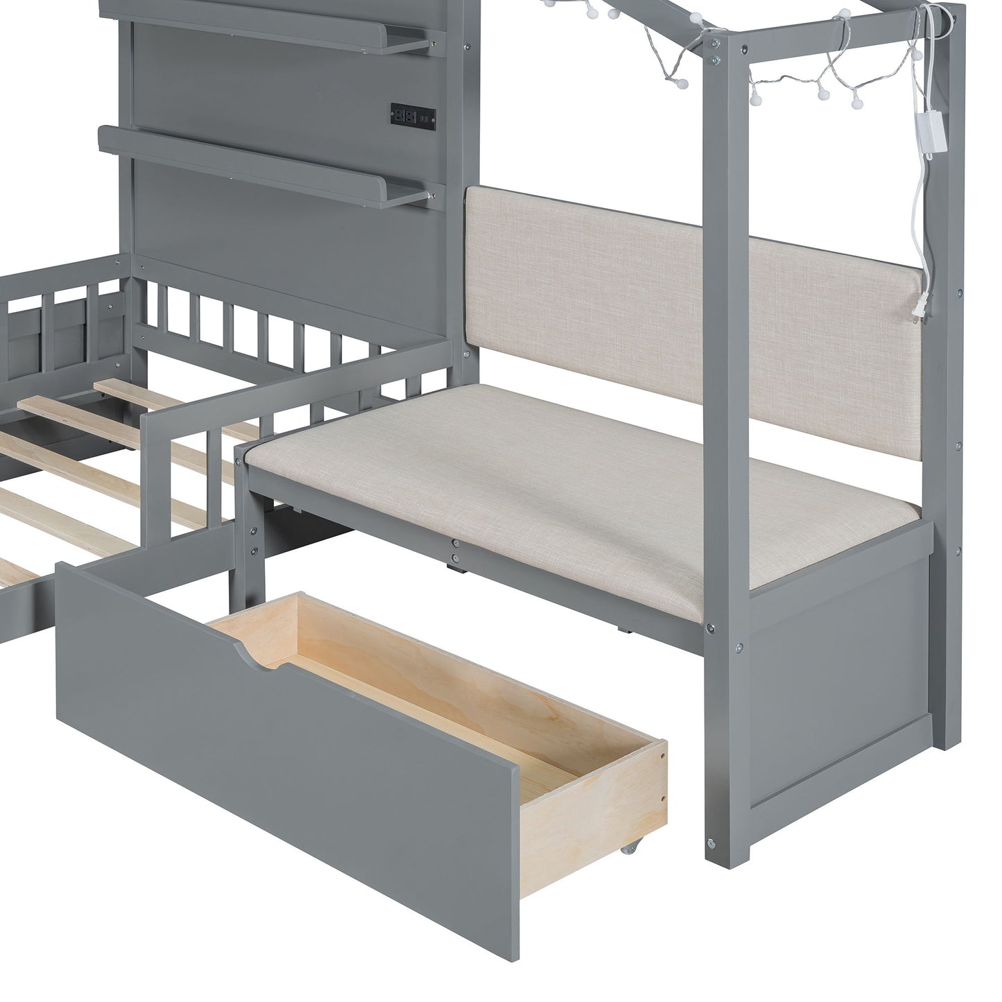House Bed With Upholstered Sofa, Wireless Charging Station, Shelves And 2 Drawers - The Sleep Loft - Online Mattress Showroom NYC