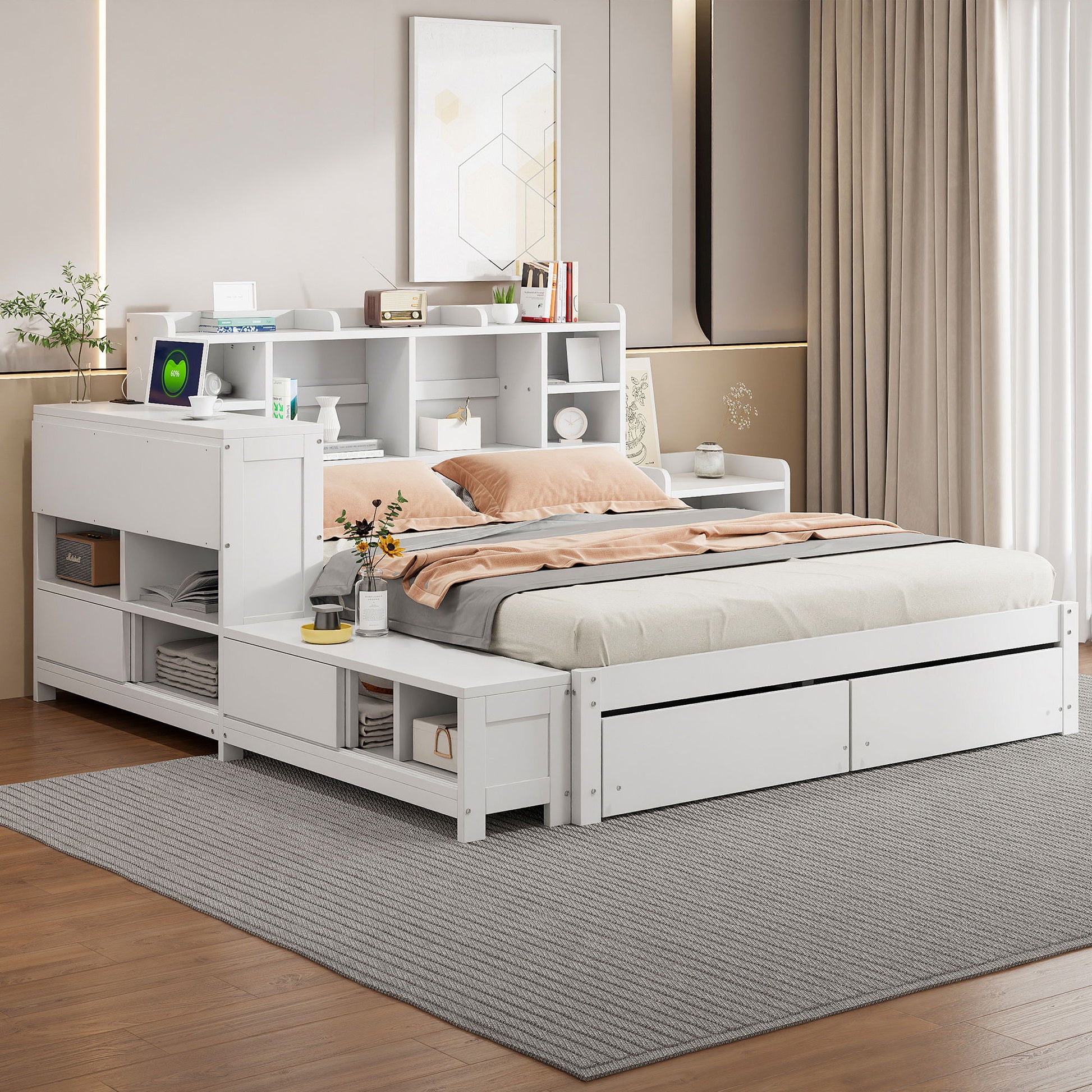 Platform Bed With Multi Functional Storage Space, Nightstand, 2 Drawers, USB Ports And Desk - The Sleep Loft - Online Mattress Showroom NYC
