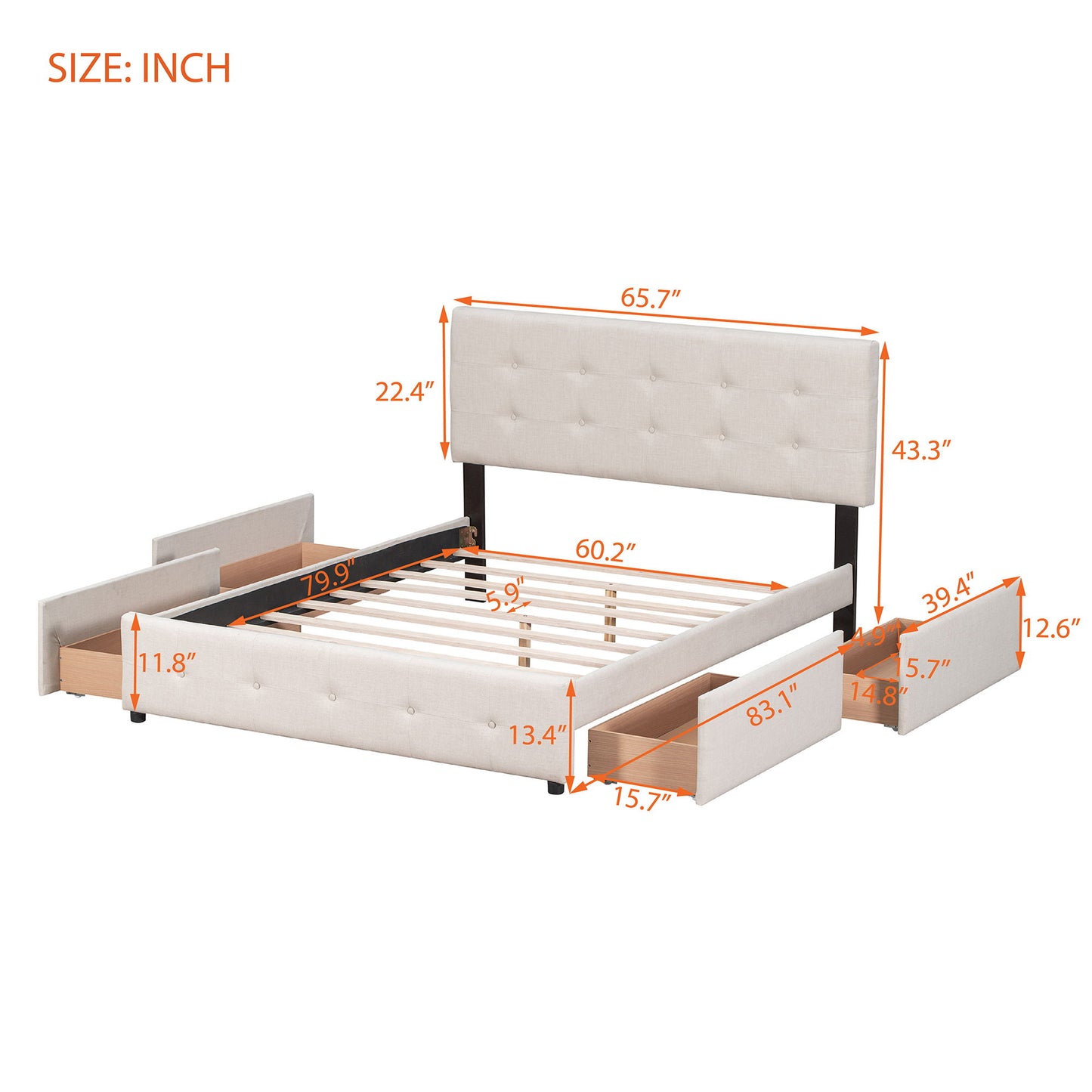 Upholstered Platform Bed With Classic Headboard And Drawers, No Box Spring Needed - The Sleep Loft - Online Mattress Showroom NYC