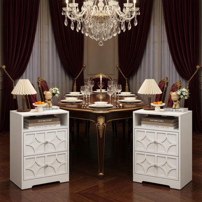 Nightstand With Diamond Carvings Handles, 2 Drawers & Charging Station