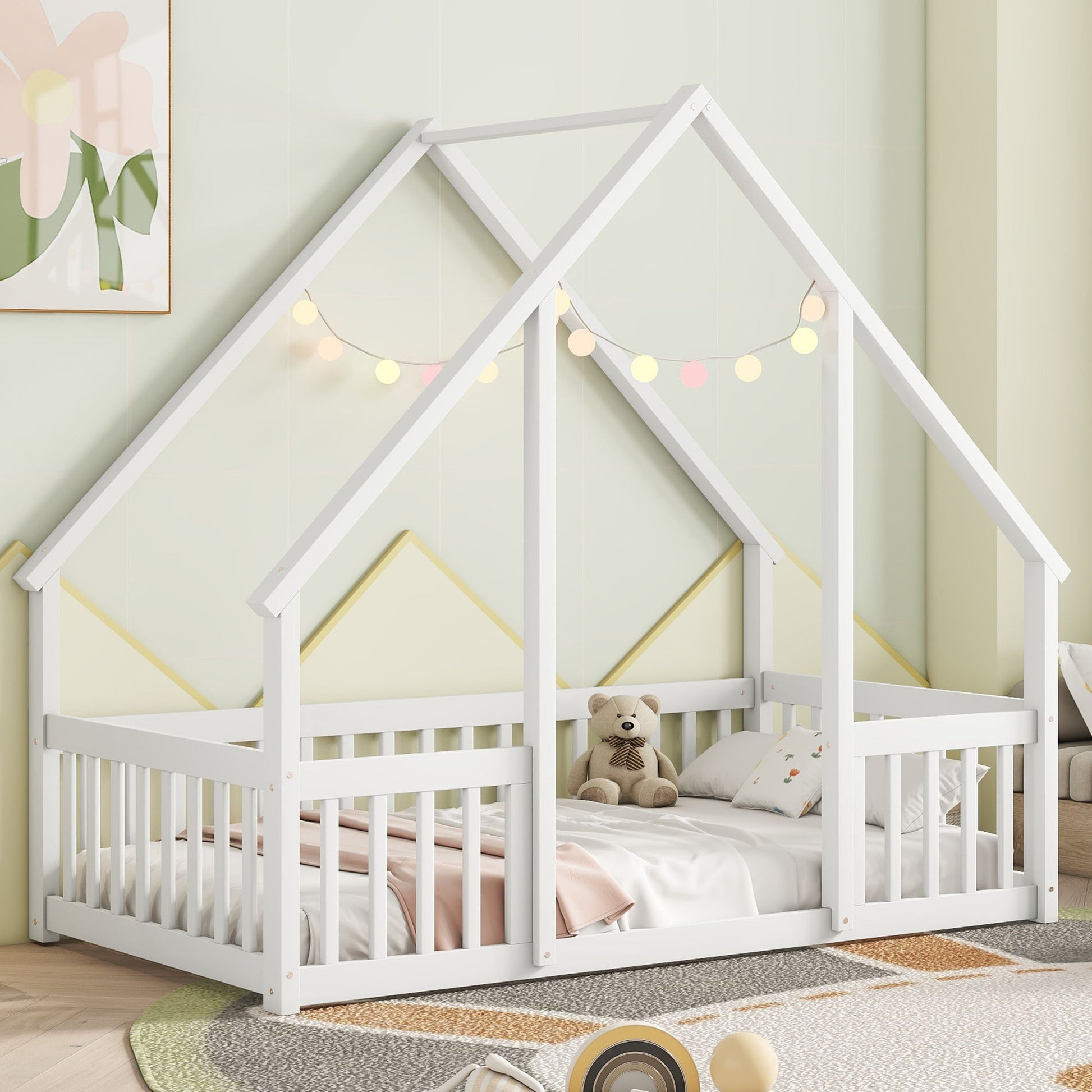 Wood House-Shaped Floor Bed With Fence, Guardrails - The Sleep Loft - Online Mattress Showroom NYC
