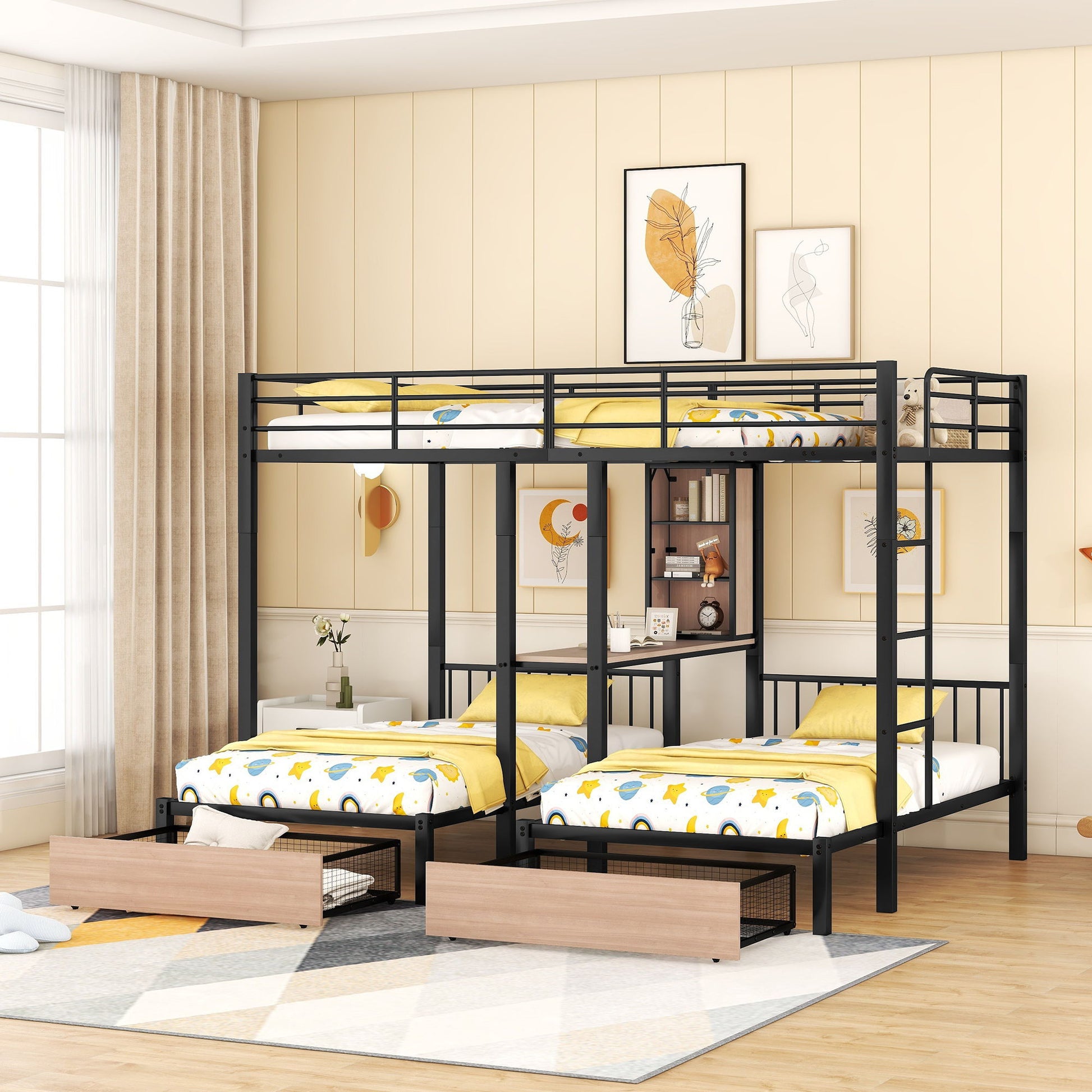 Triple Bunk Bed With Drawers, Multi-Functional Frame With Desks And Shelves In The Middle - The Sleep Loft - Online Mattress Showroom NYC