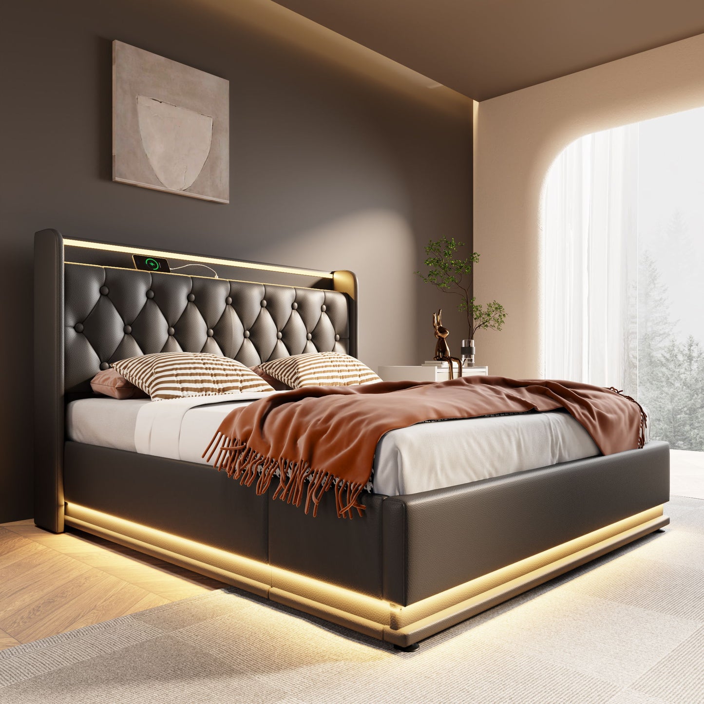 Upholstered Bed, 360 Surround LED Function, Remote Control, Hydraulic Storage Bed With USB, Type-C Charging (Without Mattress) - The Sleep Loft - Online Mattress Showroom NYC