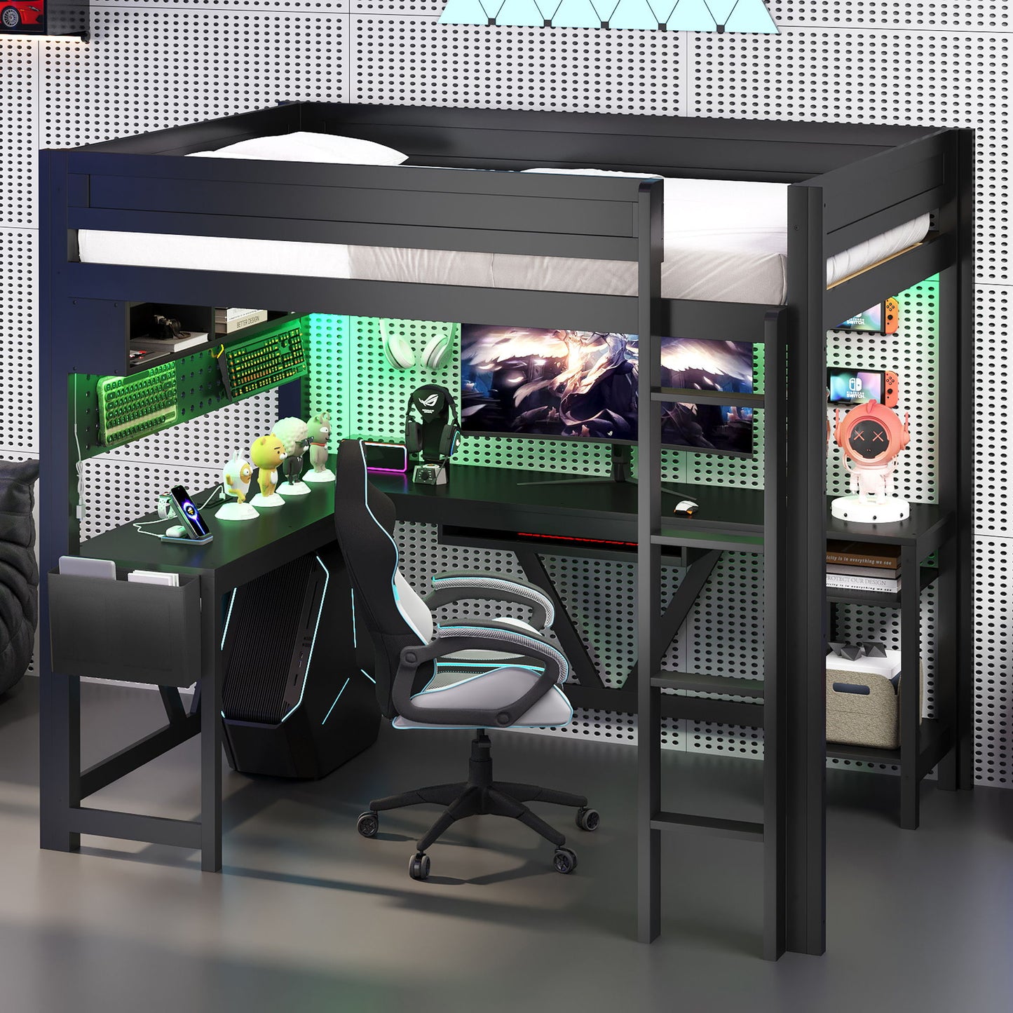 Gaming Loft Bed With Desk, Storage Shelves, LED And Charging Station - The Sleep Loft - Online Mattress Showroom NYC