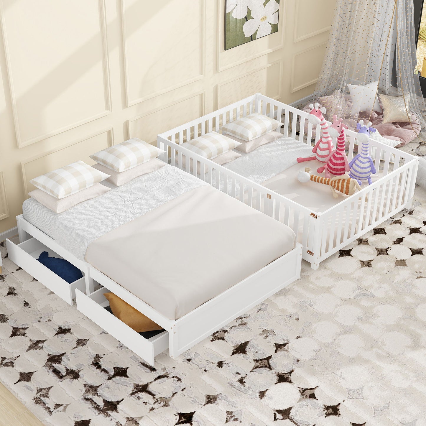 Daybed With Fence Guardrails And 2 Drawers, Split Into Independent Floor Bed & Daybed - The Sleep Loft - Online Mattress Showroom NYC