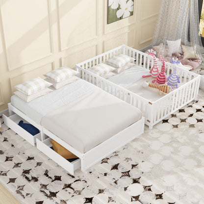 Daybed With Fence Guardrails And 2 Drawers, Split Into Independent Floor Bed & Daybed - The Sleep Loft - Online Mattress Showroom NYC