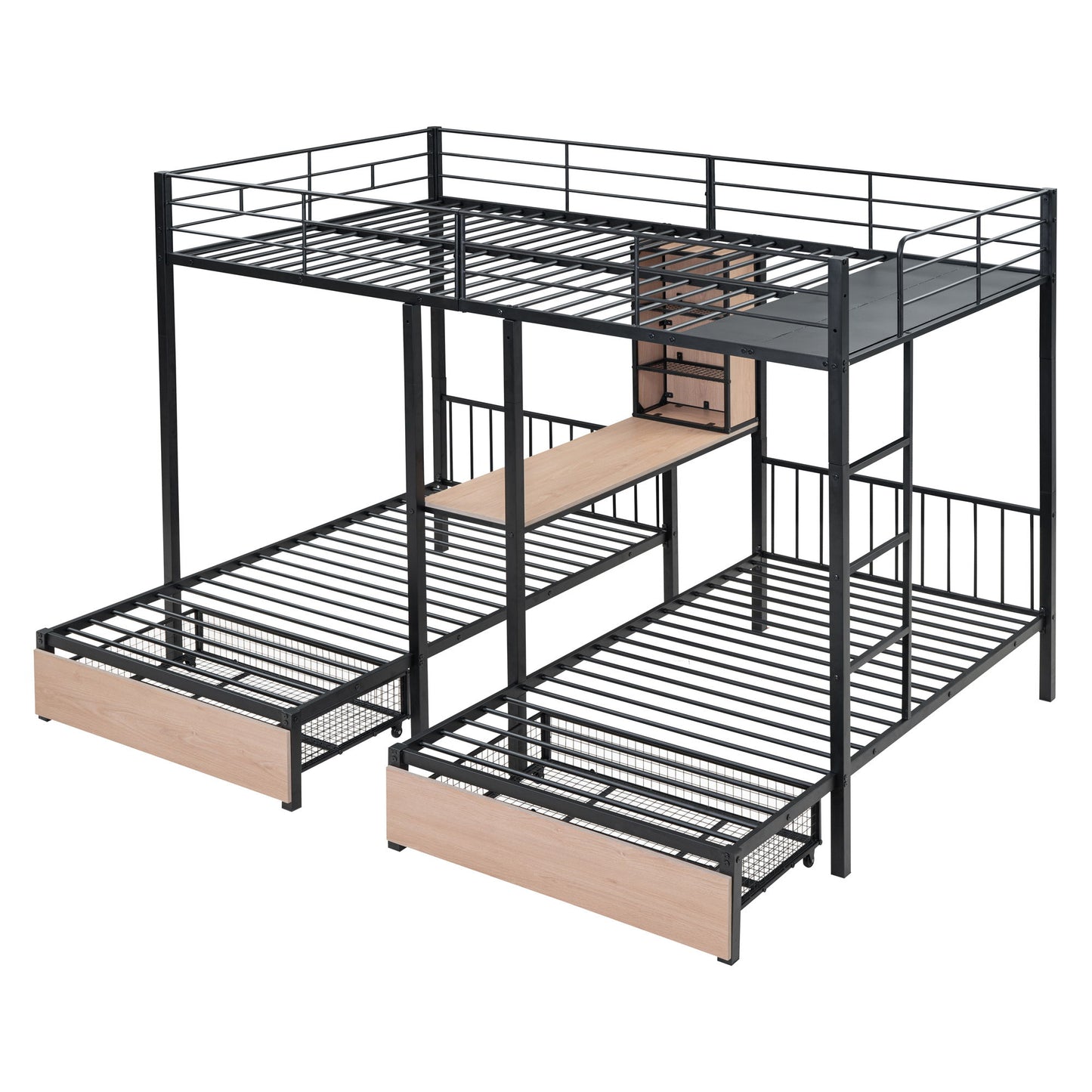 Triple Bunk Bed With Drawers, Multi-Functional Frame With Desks And Shelves In The Middle - The Sleep Loft - Online Mattress Showroom NYC