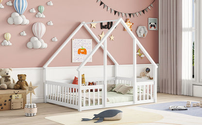 Wood House-Shaped Floor Bed With Fence, Guardrails - The Sleep Loft - Online Mattress Showroom NYC