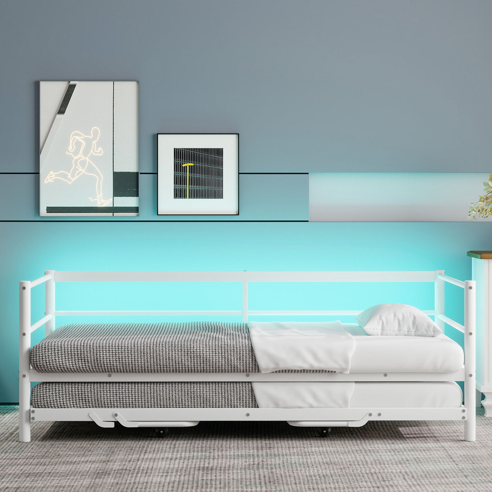 Industrial Metal Daybed With Adjustable Pop Up Trundle And LED Strip - The Sleep Loft - Online Mattress Showroom NYC
