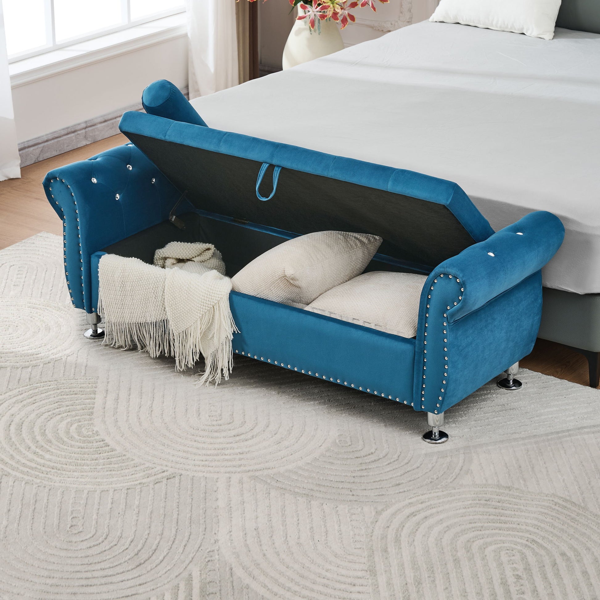 Storage Bench With Crystal Buttons And 1 Pillow For Bedroom - The Sleep Loft - Online Mattress Showroom NYC
