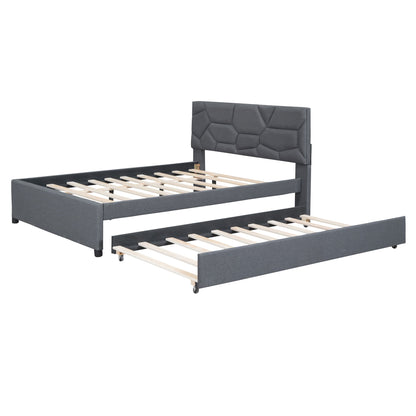 Upholstered Platform Bed With Brick Pattern Headboard And Twin Long Size Trundle - The Sleep Loft - Online Mattress Showroom NYC