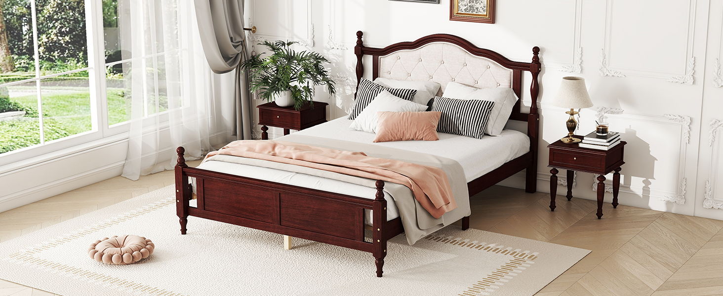 Pine Wooden Bed With Upholstered Headboard And Panel Footboard, With Two Bed Rail Support Feet And Central Platform Support Feet - The Sleep Loft - Online Mattress Showroom NYC