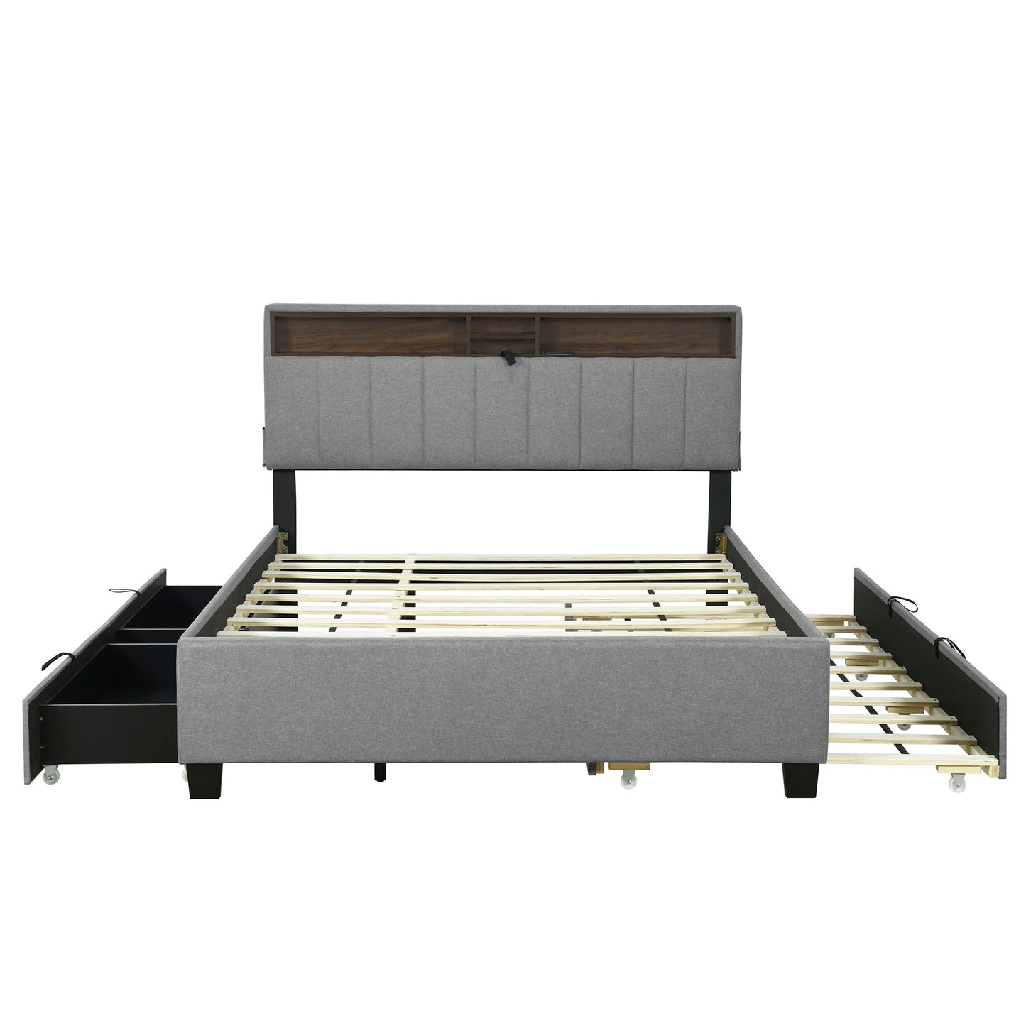Upholstered Platform Bed With Storage Headboard, Trundle & 2 Drawers And A Set Of Sockets & USB Ports - The Sleep Loft - Online Mattress Showroom NYC