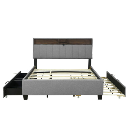 Upholstered Platform Bed With Storage Headboard, Trundle & 2 Drawers And A Set Of Sockets & USB Ports - The Sleep Loft - Online Mattress Showroom NYC