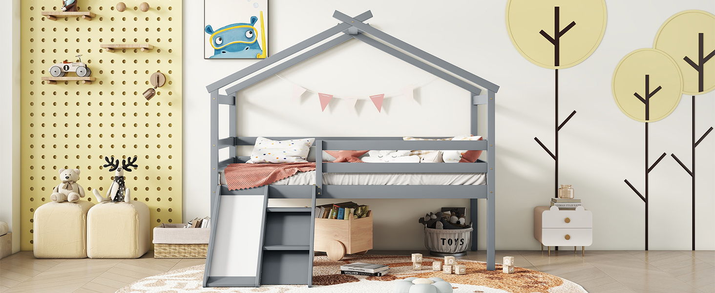Low Loft House Bed With Slide, Ladder, Safety Guardrails, House Roof Frame - The Sleep Loft - Online Mattress Showroom NYC