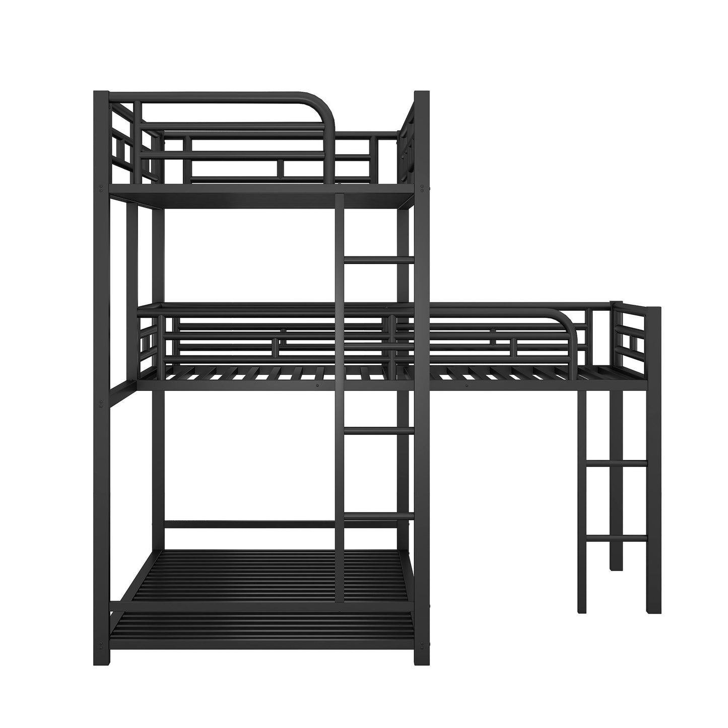 L-Shaped Triple Twin Size Bunk Bed, Industrial Design With Integrated Ladder And Full Length Guardrails - Black - The Sleep Loft - Online Mattress Showroom NYC