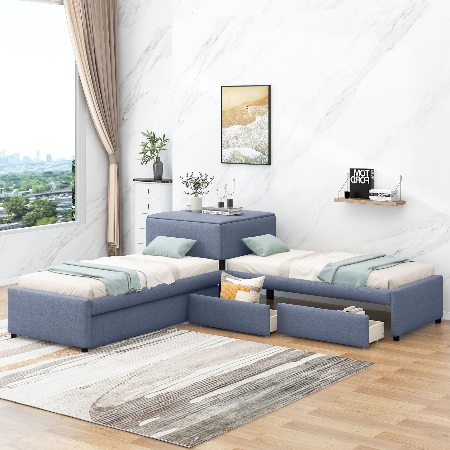 L Shaped Upholstered Platform Bed With Trundle And 2 Drawers Linked With Built In Desk - The Sleep Loft - Online Mattress Showroom NYC