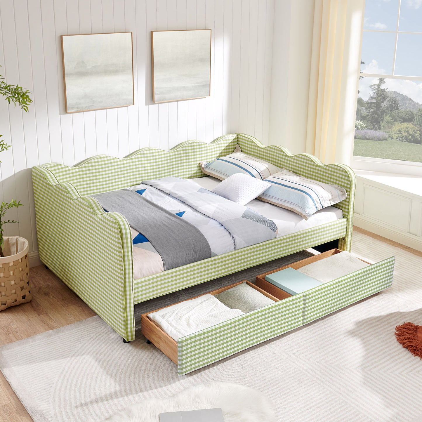 Gingham Daybed With USB Charging Port, Wave-Shaped Design - The Sleep Loft - Online Mattress Showroom NYC