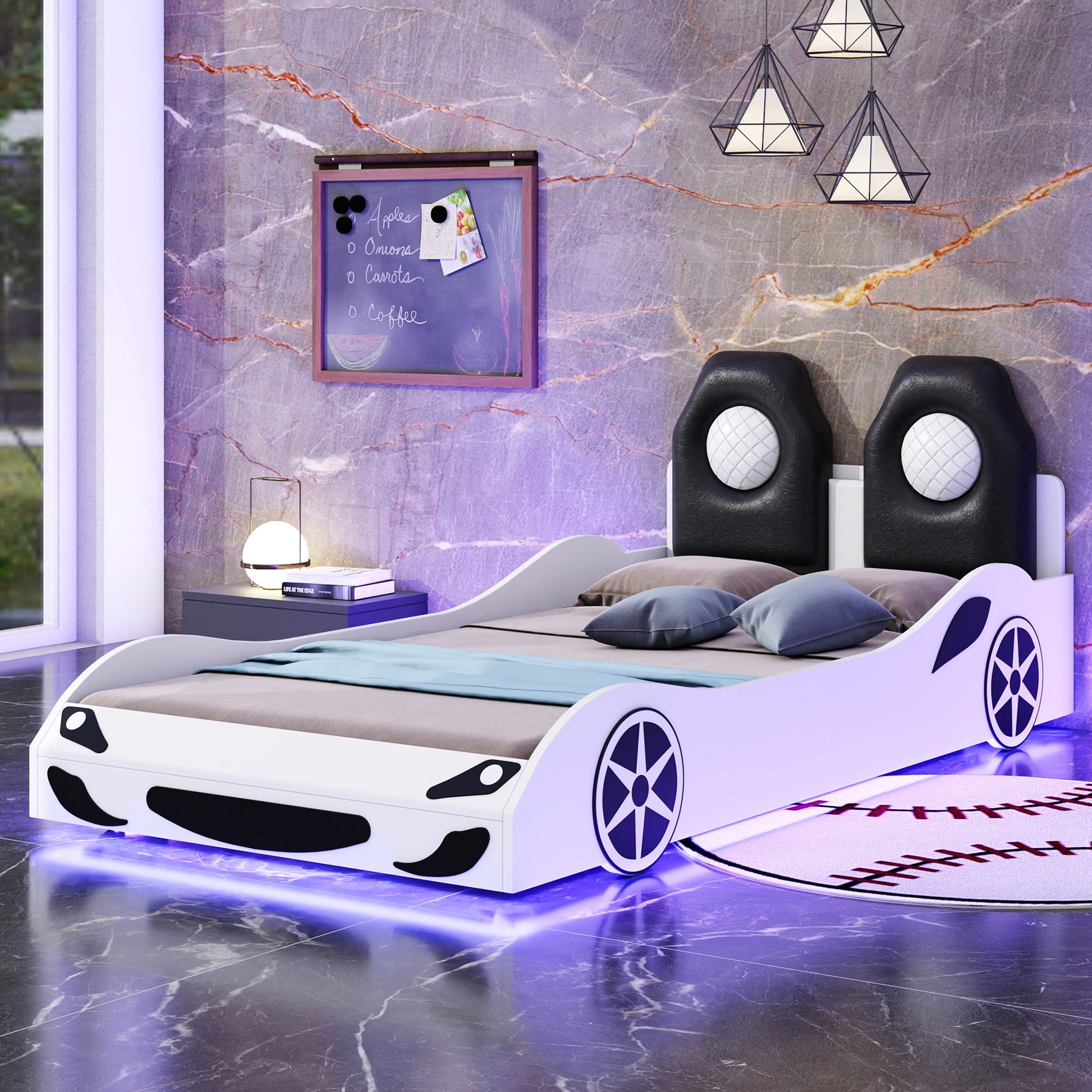 Race Car Shaped Platform Bed With LED And Upholstered Backrest In - The Sleep Loft - Online Mattress Showroom NYC