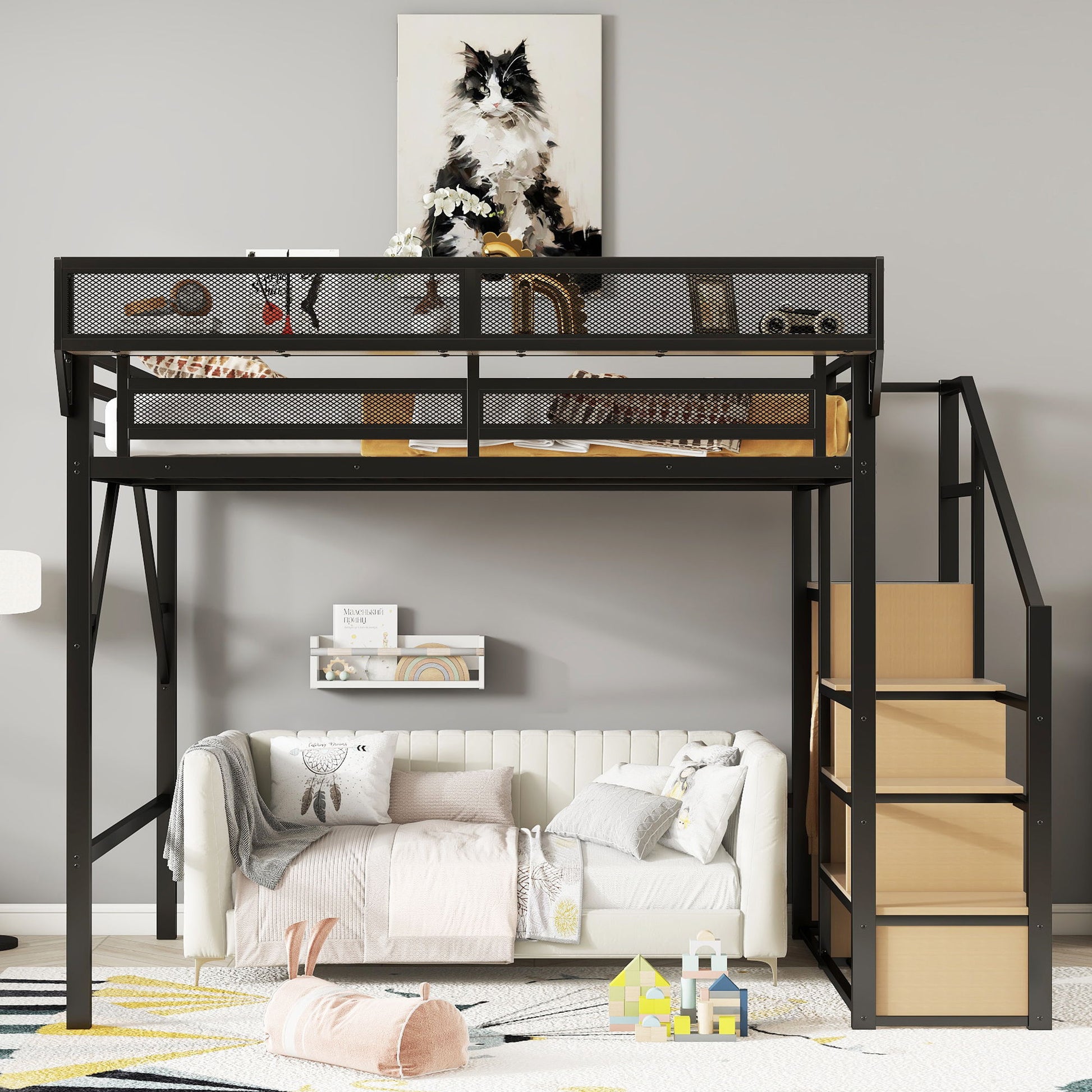 Queen Size Loft Bed & Stairs, Storage Shelves, Wardrobe - Black / Wood - The Sleep Loft - Online Mattress Showroom NYC