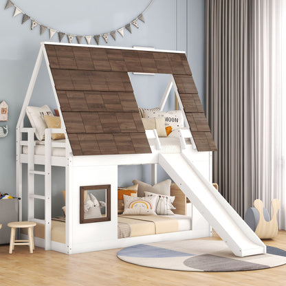 Wood Twin Size House Bunk Bed With Roof, Ladder And Slide - White / Brown - The Sleep Loft - Online Mattress Showroom NYC