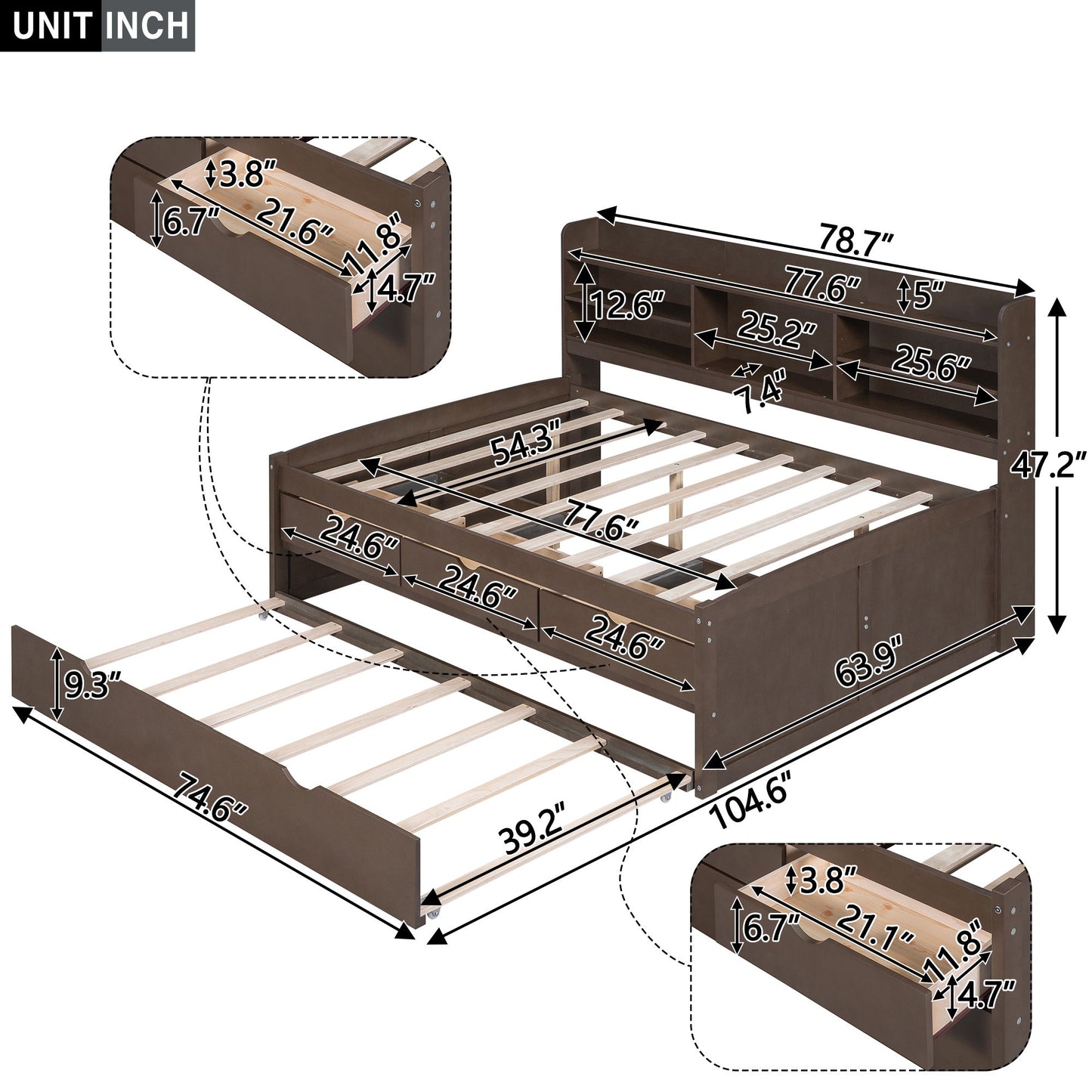 Captain Bed With Built In Bookshelves, 3 Storage Drawers, And Trundle - The Sleep Loft - Online Mattress Showroom NYC
