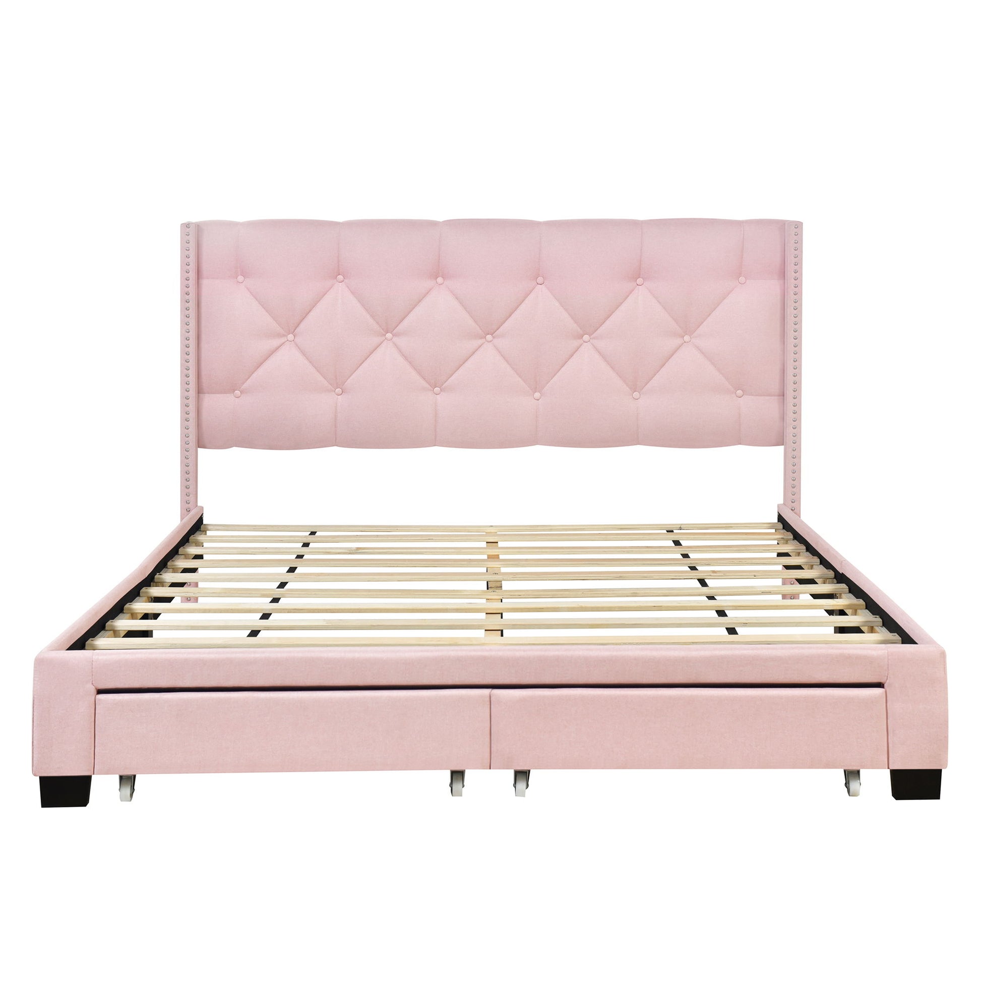 Queen Size Storage Bed Linen Upholstered Platform Bed & Two Drawers - Pink - The Sleep Loft - Online Mattress Showroom NYC