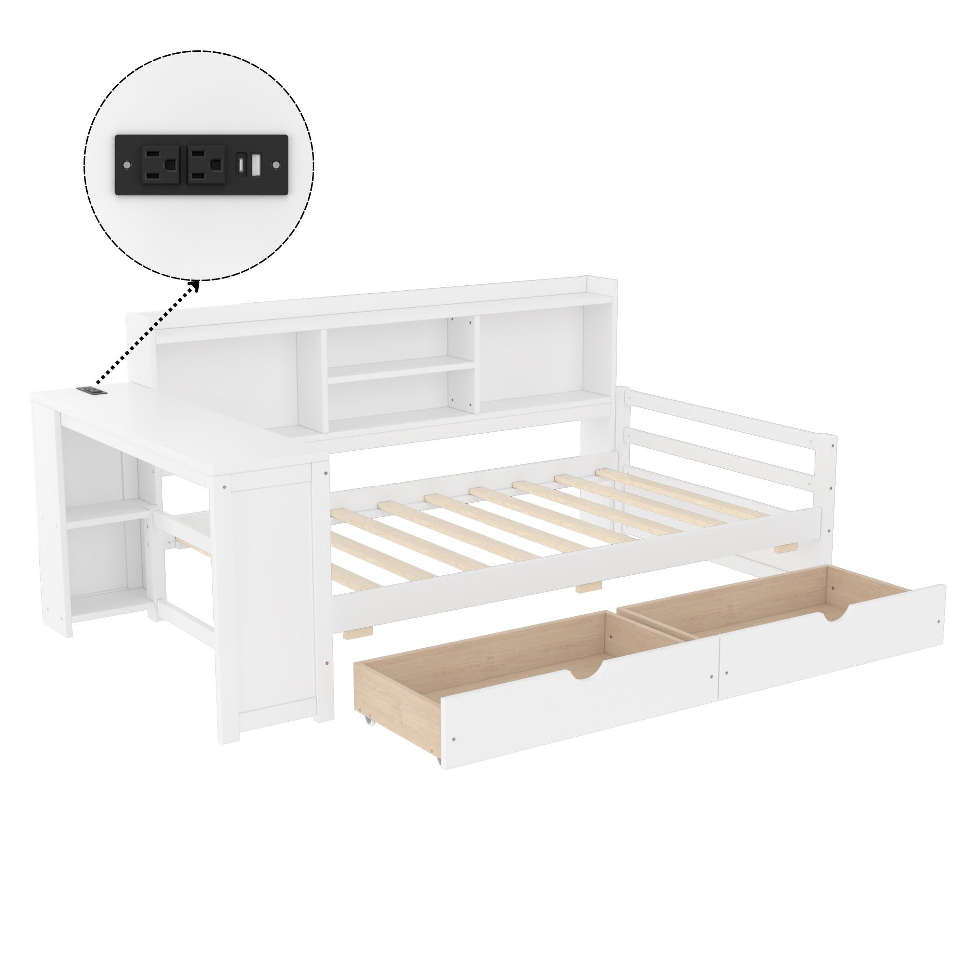 Corner Daybed With Storage Drawers, Desk, Charging Port & Bookcase - The Sleep Loft - Online Mattress Showroom NYC