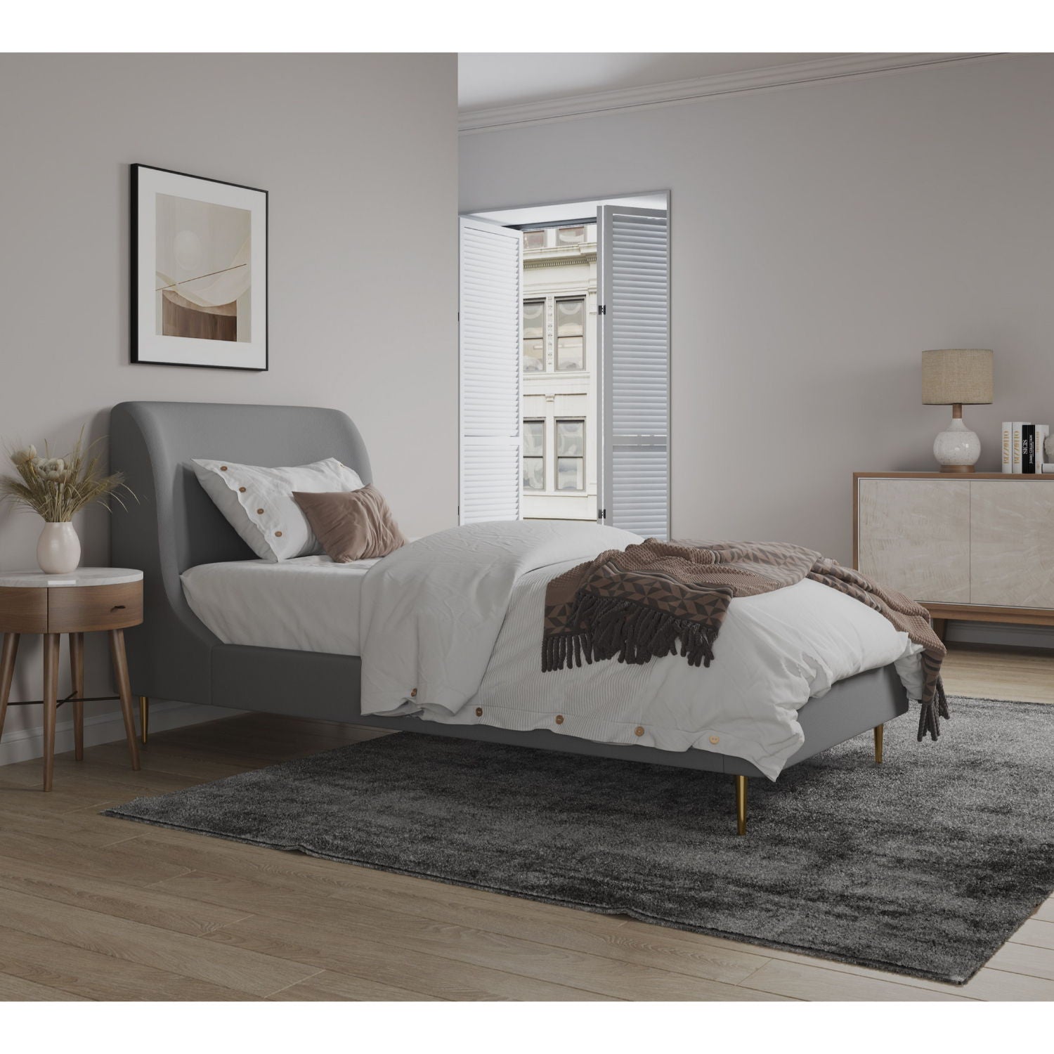 Mid-Century Modern Upholstered Bed With Curved Headboard - The Sleep Loft - Online Mattress Showroom NYC