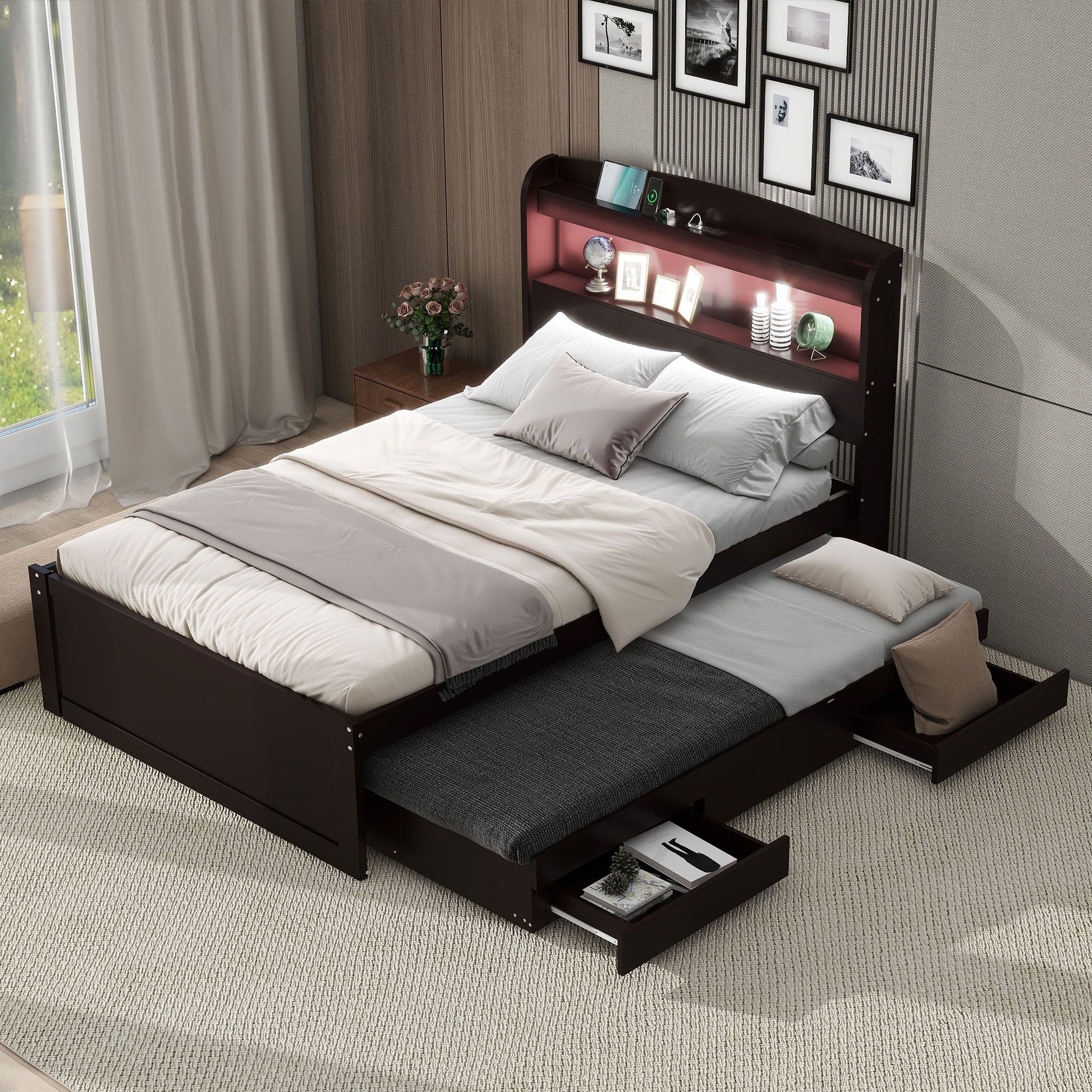 Platform Bed With LED Headboard, Charging Station, Trundle And 2 Drawers - The Sleep Loft - Online Mattress Showroom NYC