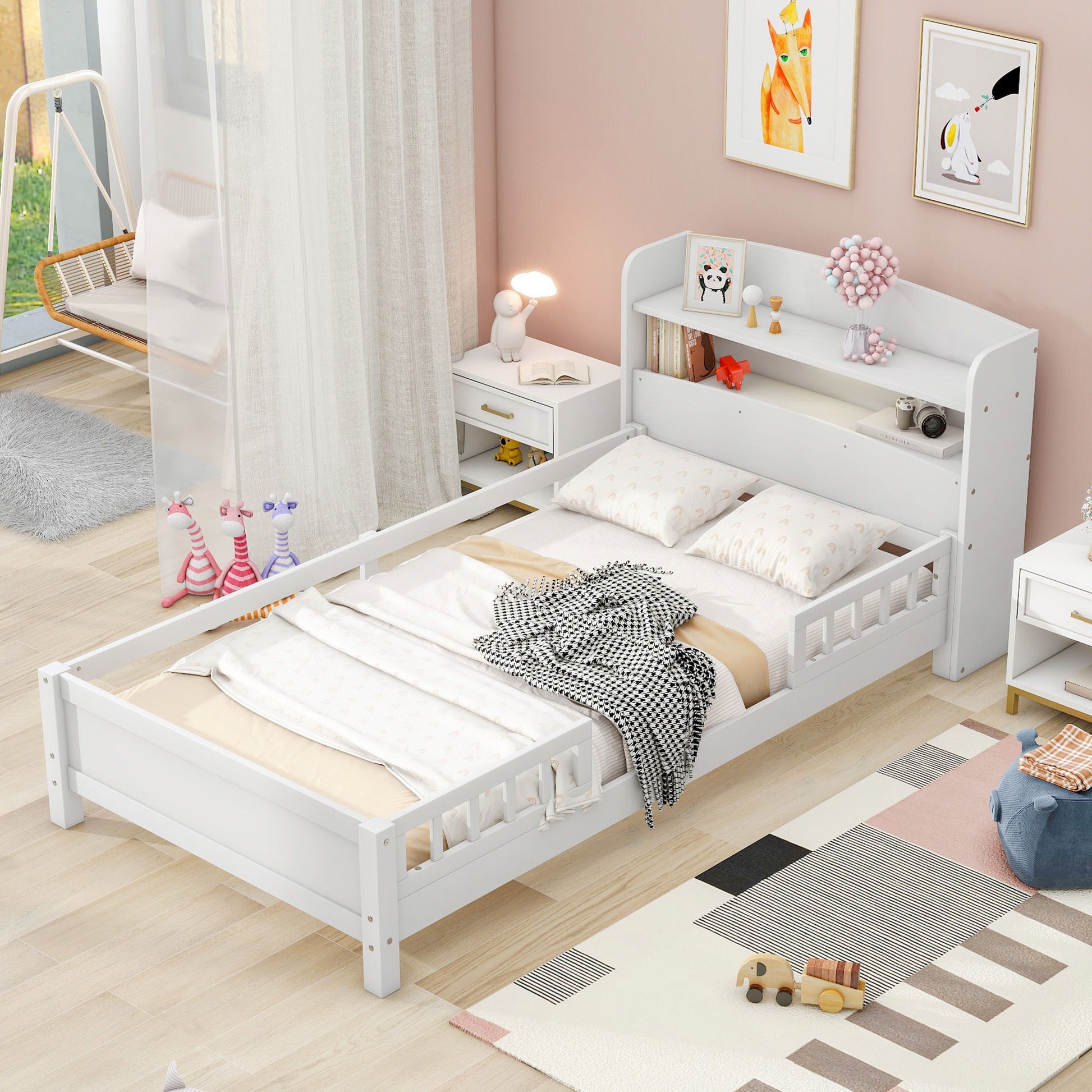 Wood Platform Bed With Built In LED Light, Storage Headboard And Guardrail - The Sleep Loft - Online Mattress Showroom NYC