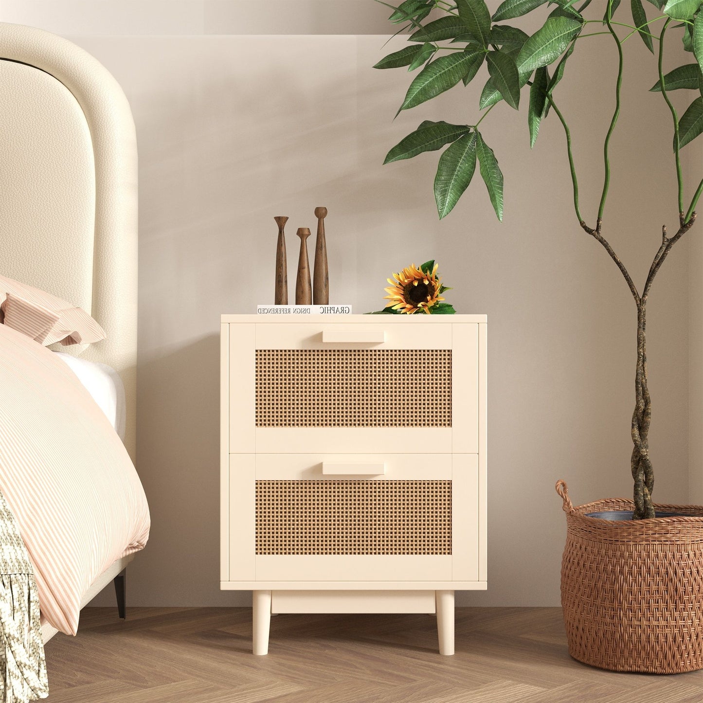 Nightstand With 2 Drawers, Storage Side Table For Bedroom - Antique Natural / Rattan - The Sleep Loft - Online Mattress Showroom NYC