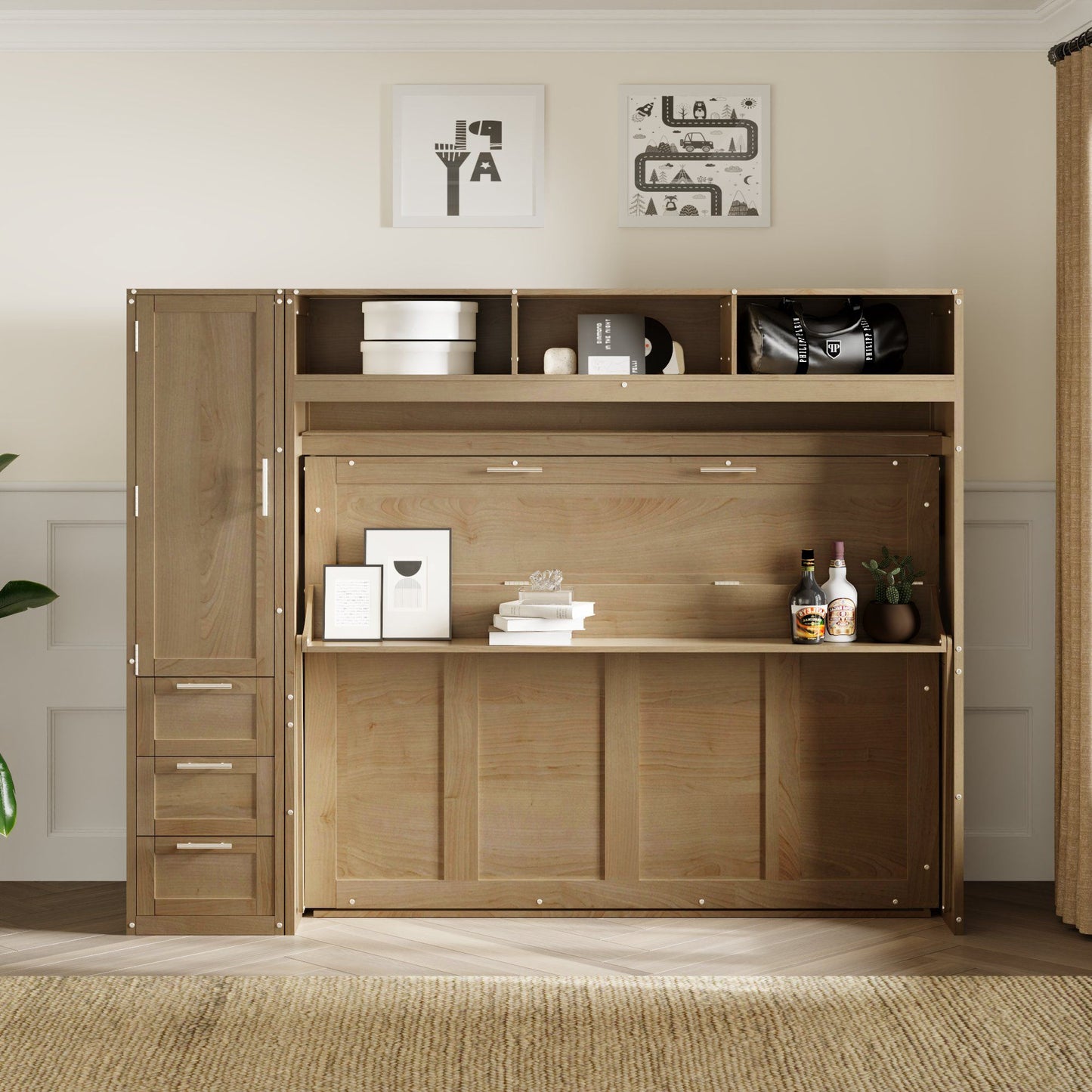 Full Size Murphy Bed With Wardrobe, Drawers, And Open Shelves - Wood - The Sleep Loft - Online Mattress Showroom NYC