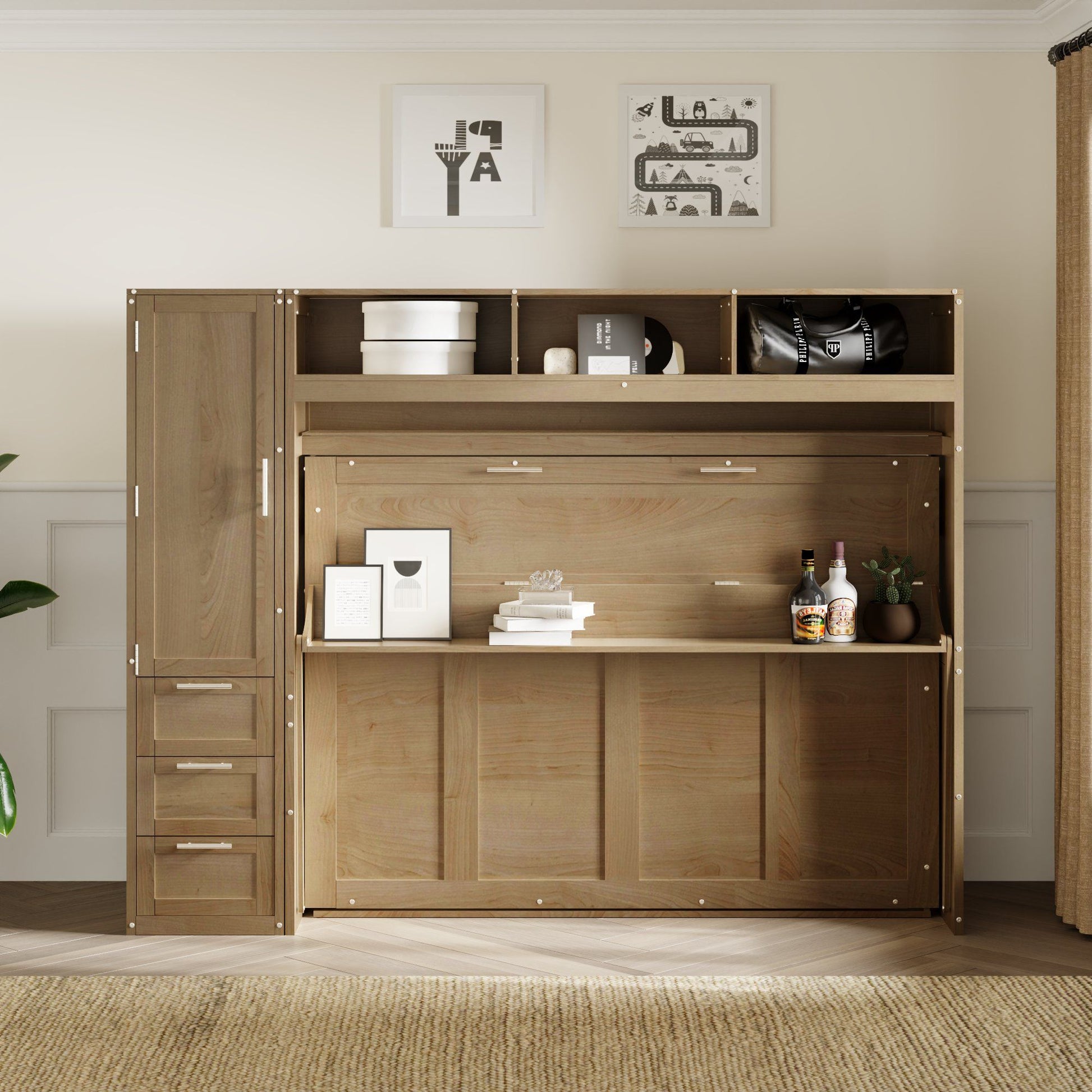 Full Size Murphy Bed With Wardrobe, Drawers, And Open Shelves - Wood - The Sleep Loft - Online Mattress Showroom NYC
