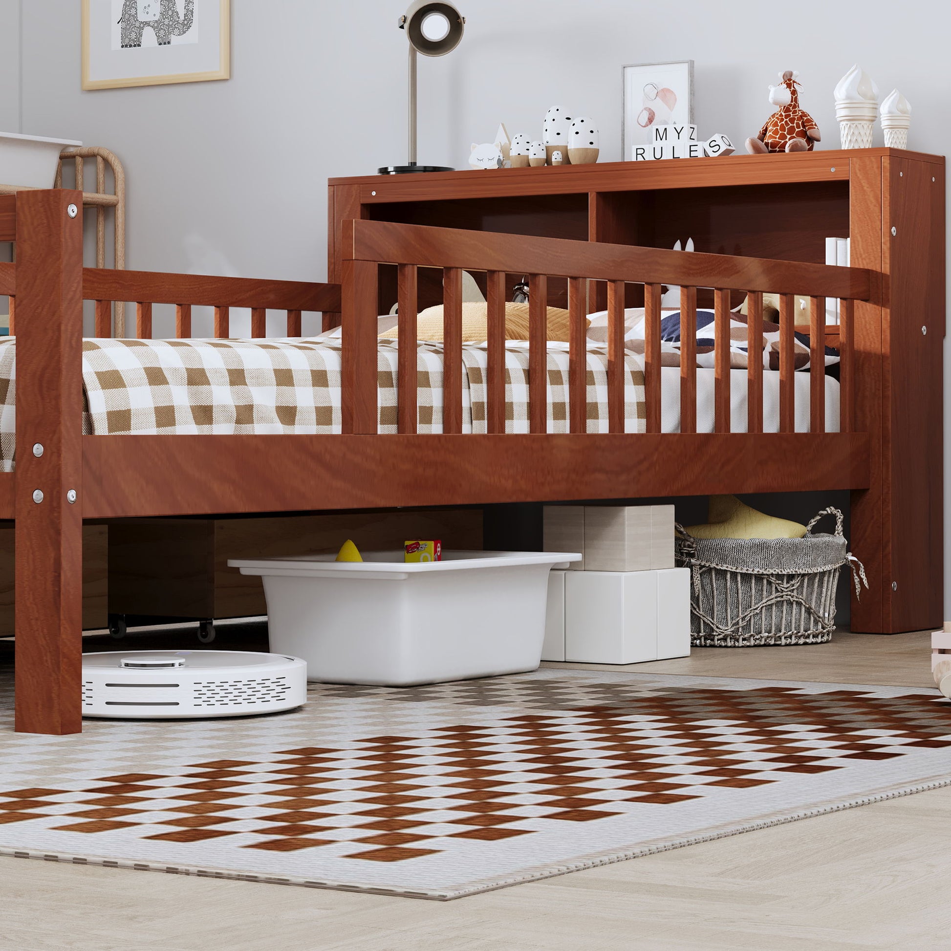 Bed With Headboard Storage Rack, 2 Under Bed Drawers, 3 Side Guardrails For Safety - The Sleep Loft - Online Mattress Showroom NYC