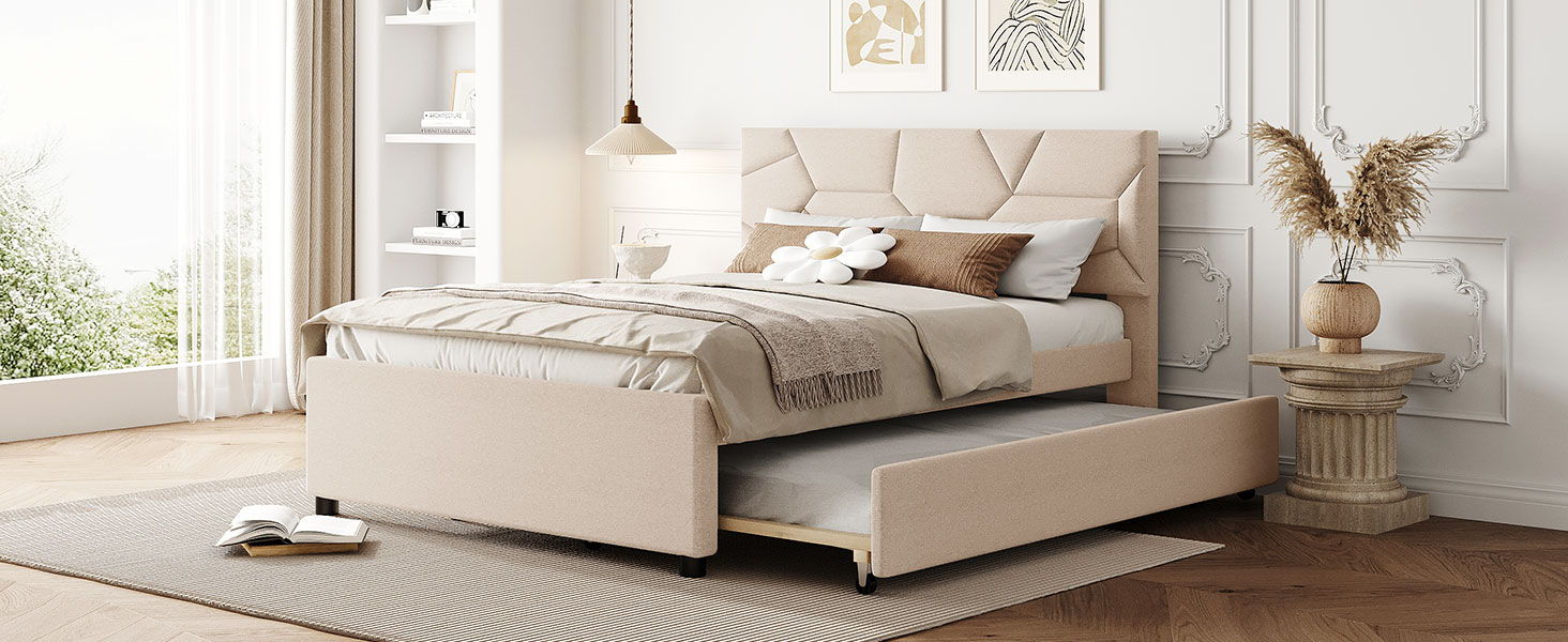 Upholstered Platform Bed With Brick Pattern Headboard And Twin Long Size Trundle - The Sleep Loft - Online Mattress Showroom NYC