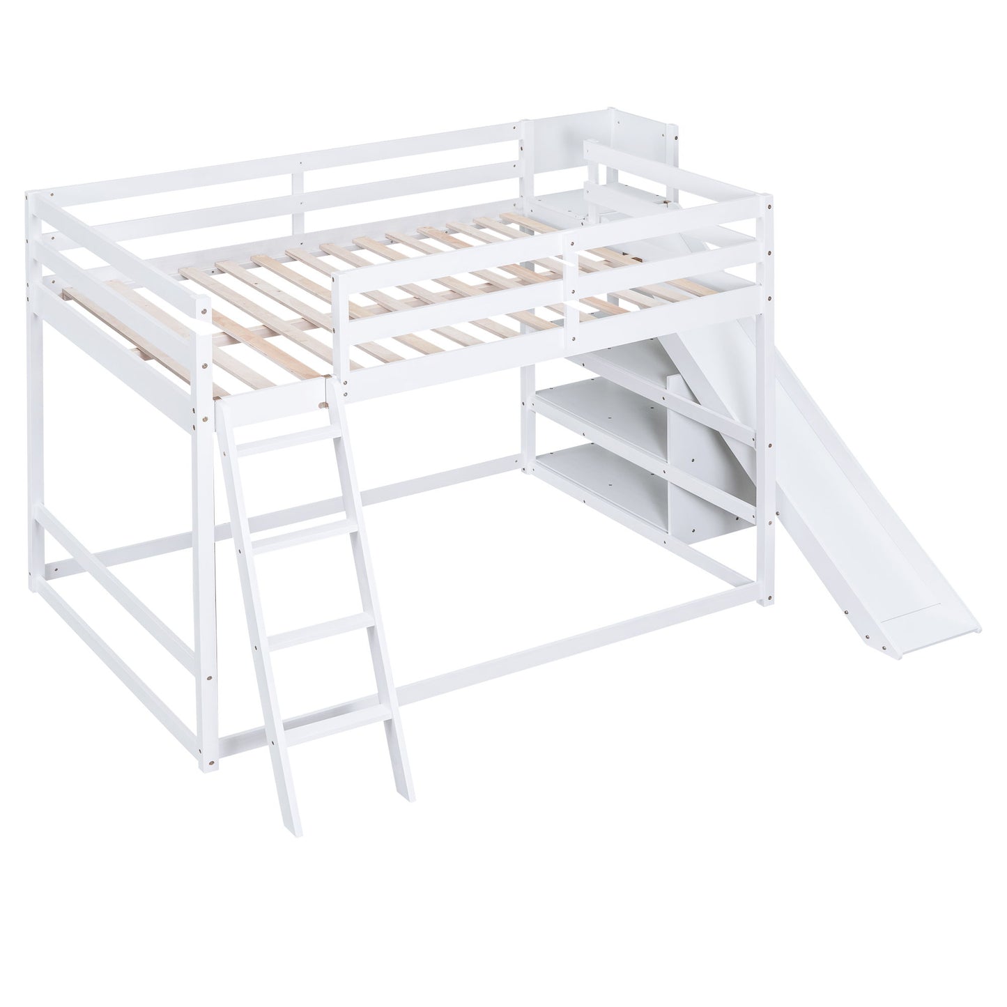 Bunk Bed With Ladder, Slide, And Shelves Pine Wood - The Sleep Loft - Online Mattress Showroom NYC