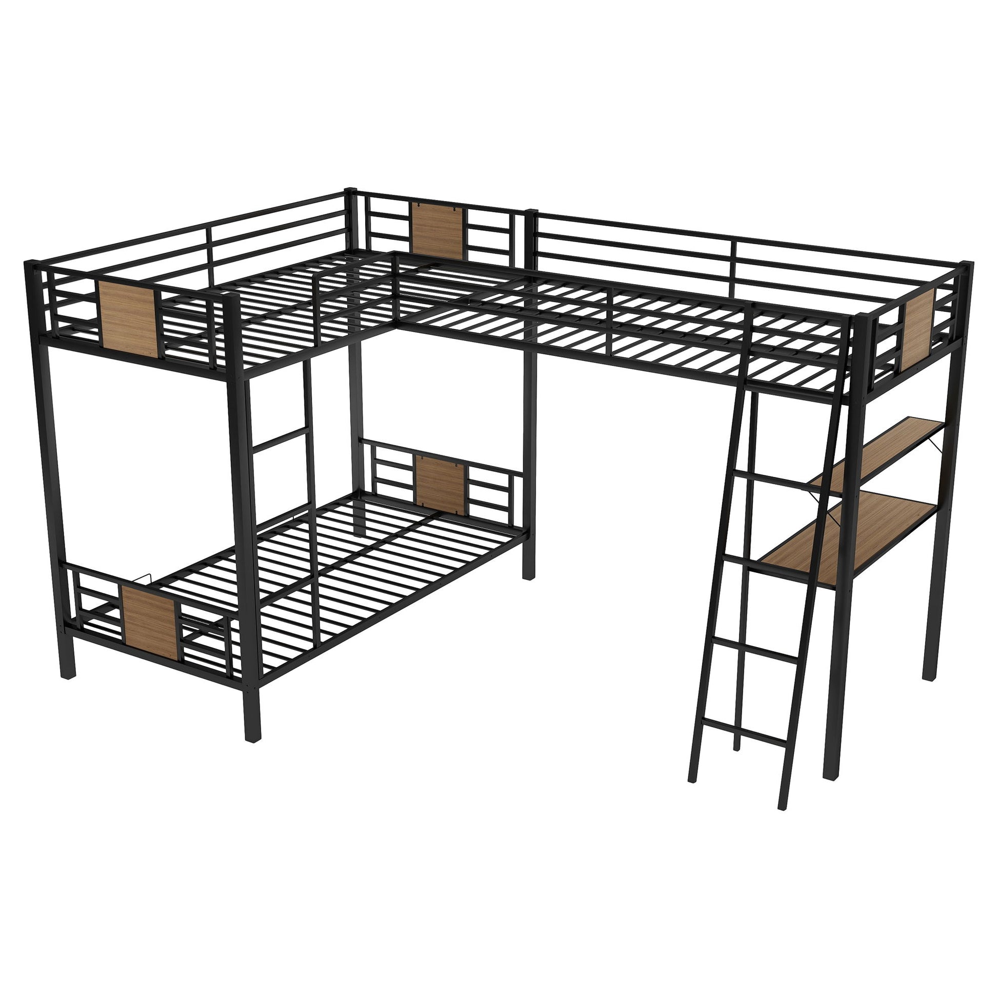 L-Shaped Twin Over Twin Bunk Bed With Twin Size Loft Bed With Desk And Shelf - Brown - The Sleep Loft - Online Mattress Showroom NYC