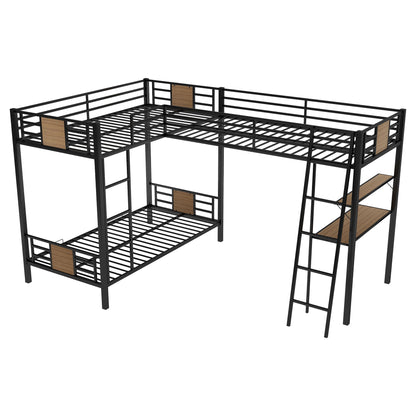L-Shaped Twin Over Twin Bunk Bed With Twin Size Loft Bed With Desk And Shelf - Brown - The Sleep Loft - Online Mattress Showroom NYC
