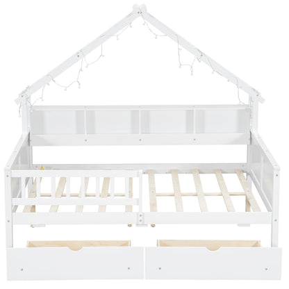 House Style Platform Bed With LED Lights, Storage Shelves, Drawers, And Guardrail - The Sleep Loft - Online Mattress Showroom NYC